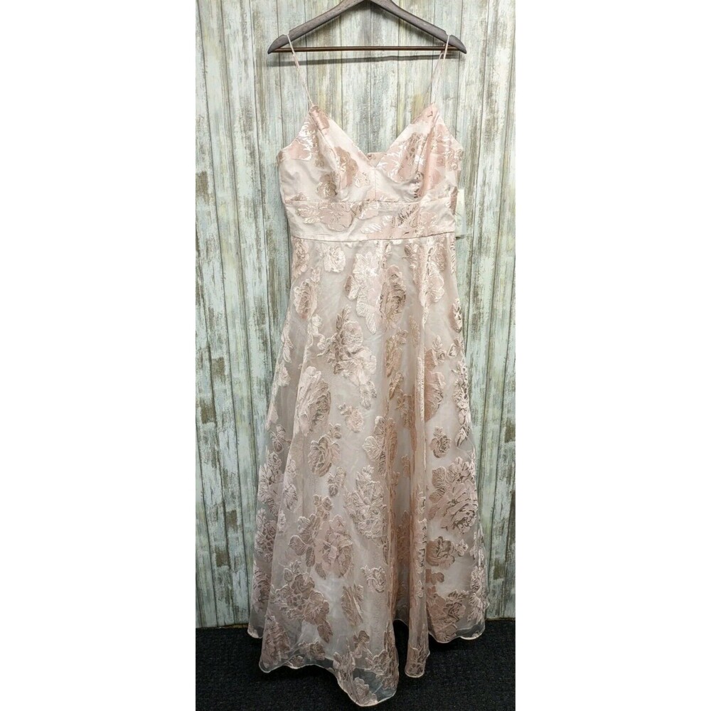ELIZA J Blush Metallic Jacquard Structured V-Neck Formal Gown Dress Sz 14 $268